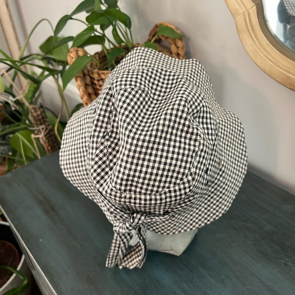 Betmar Hat with tie in back. Bucket hat style. Black and white small gingham - Picture 3 of 5